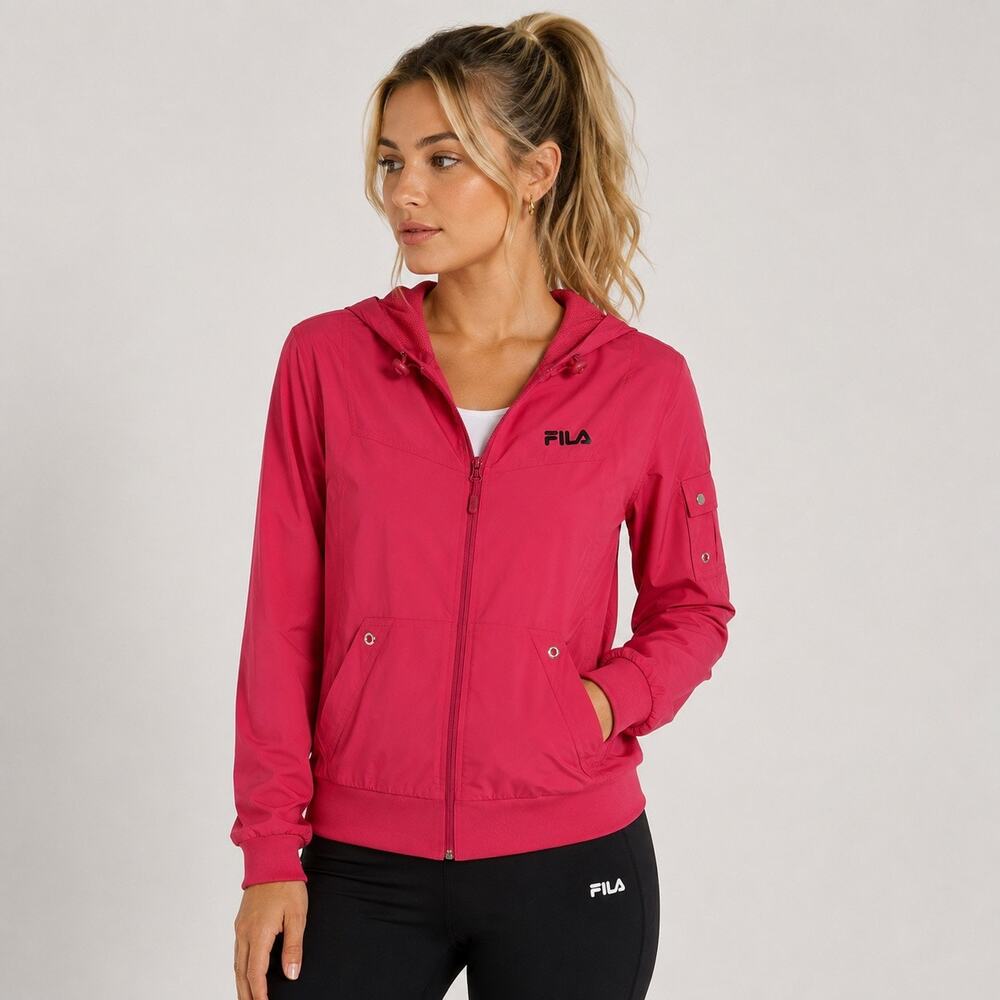 FILA Sports Windbreaker Jacket Womens Small Y2K Hot Neon Pink Hooded Full Zip